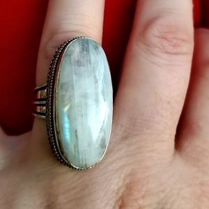 New Huge Rainbow Moonstone 925 Silver Statement Ring.